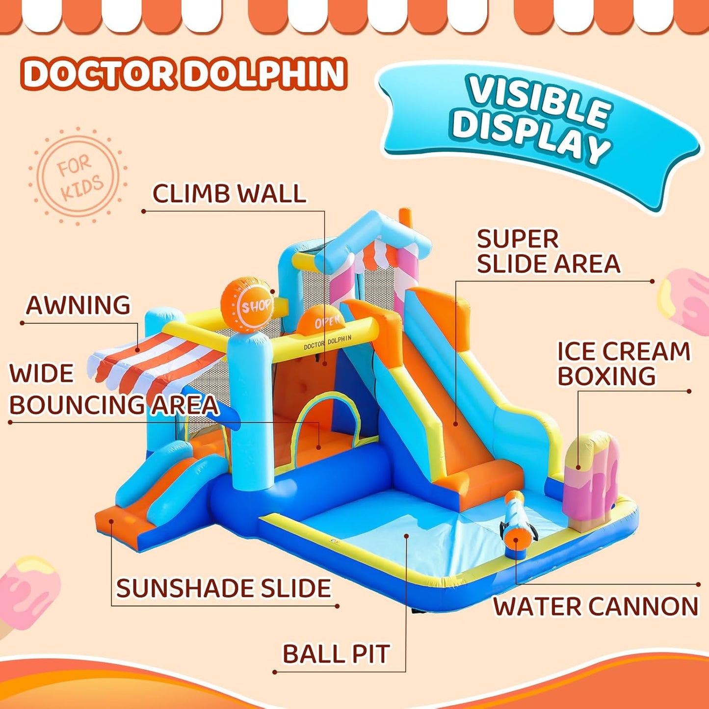 Candy House Inflatable Water Park for Kids with Slide, Pool & Water Cannon