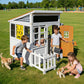 Kids Outdoor Playhouse, Large Cedar Wooden Playhouse with Play Kitchen, Tic-Tac-Toe, Chalkboard, Doorbell, Dutch Door & Pet Door for Backyard & Garden Play