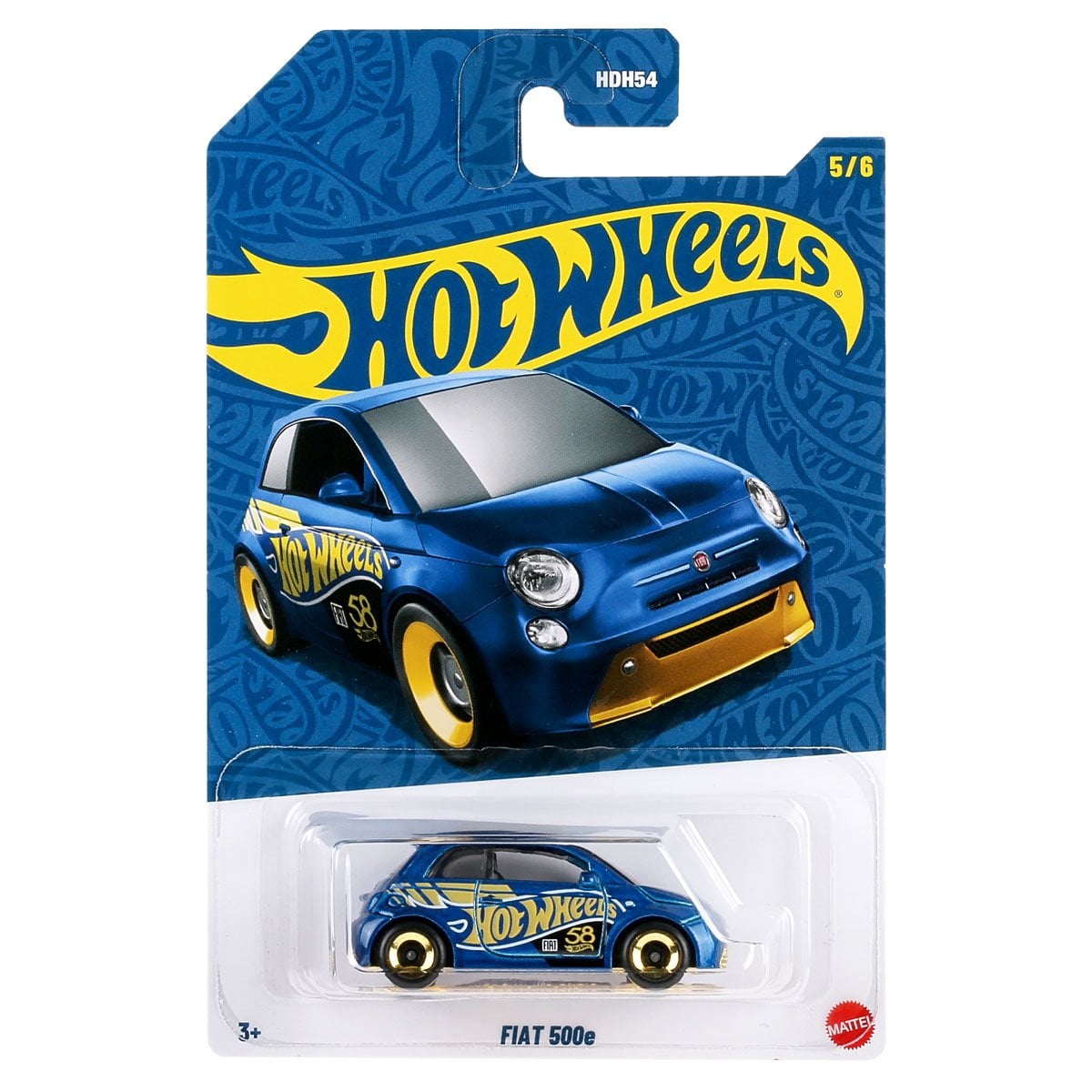 Hot Wheels 58th Anniversary Pearl & Chrome 2026 Blue-Gold Fiat 500E Diecast Car