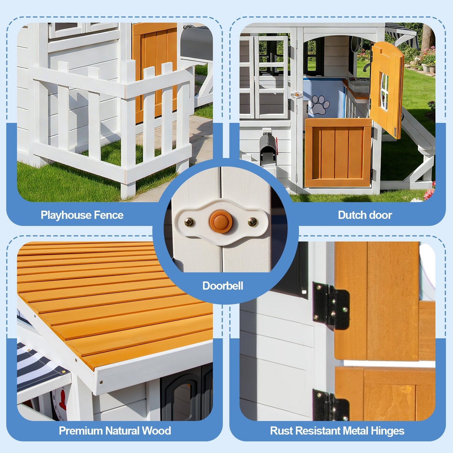 Kids Outdoor Playhouse, Large Cedar Wooden Playhouse with Play Kitchen, Tic-Tac-Toe, Chalkboard, Doorbell, Dutch Door & Pet Door for Backyard & Garden Play