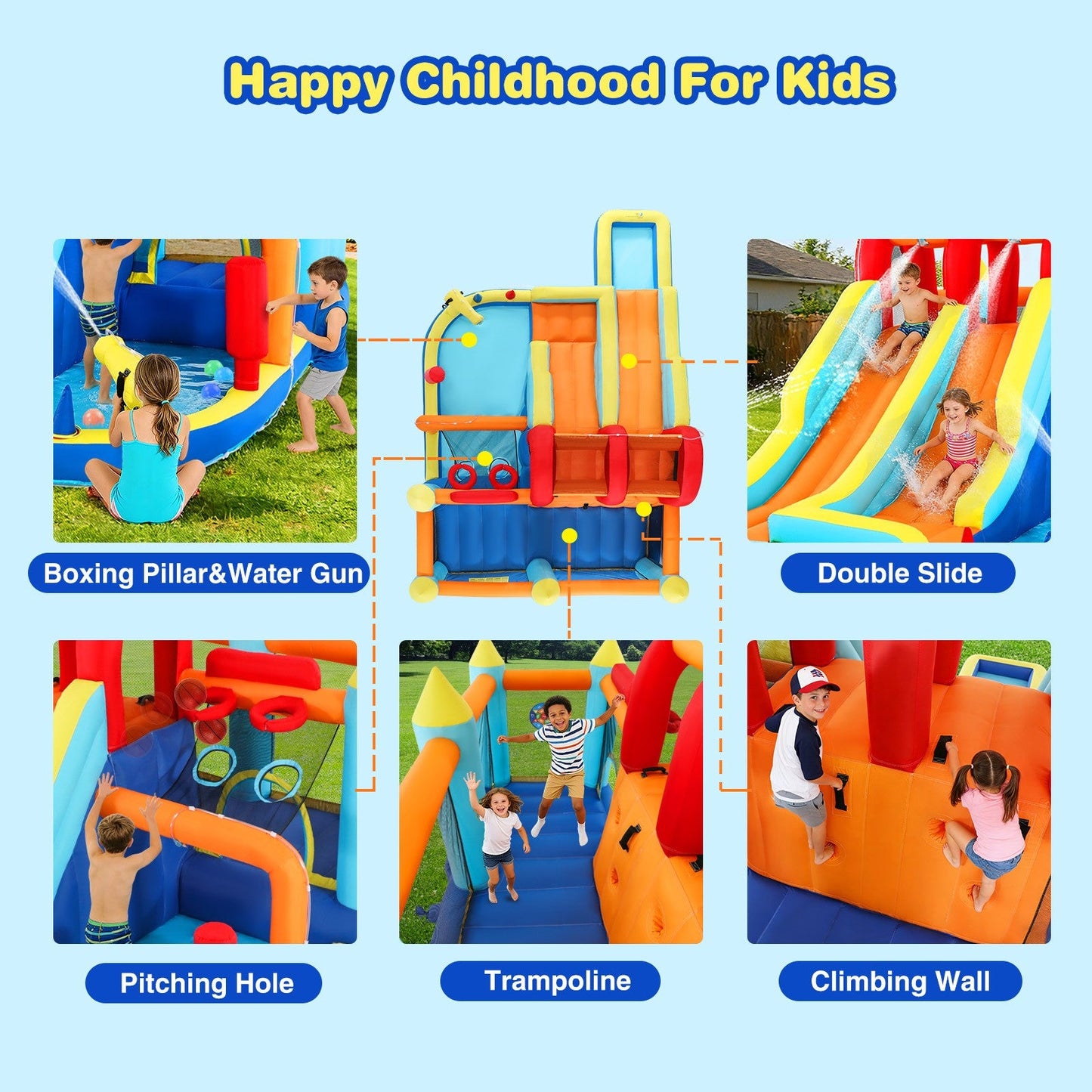 Inflatable Water Slide Park, Giant Bounce House with 450W Blower, Climbing Wall, Dual Basketball Hoops & Ring Toss Games - Outdoor Backyard Jumper