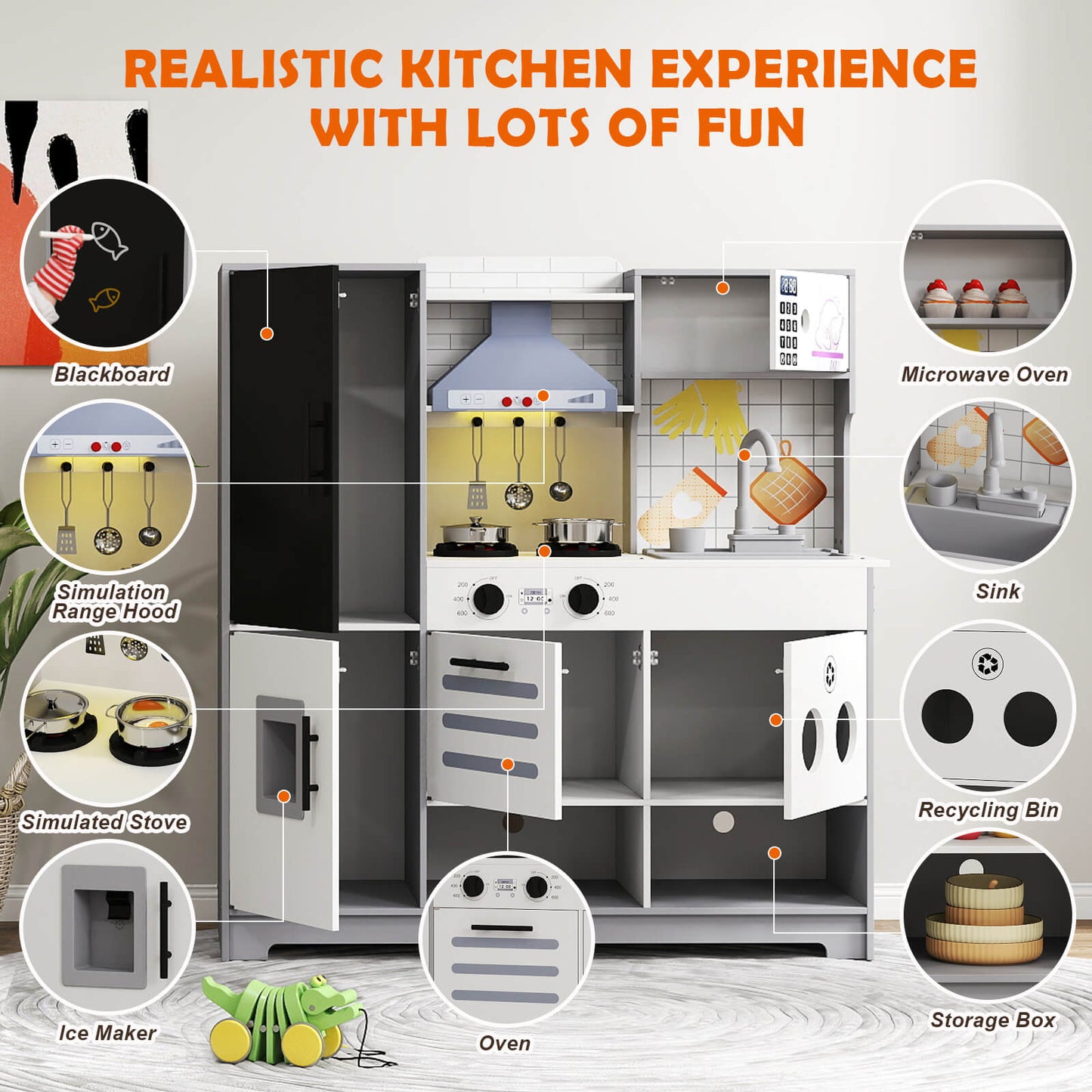 Kids Play Kitchen Set, Pretend Wooden Kid Kitchen Playset Toy Kitchen w/Sound and Light, Oven, Ice Maker, Blackboard & Recycling Bin, Toddler Kitchen for Kids Ages 3+