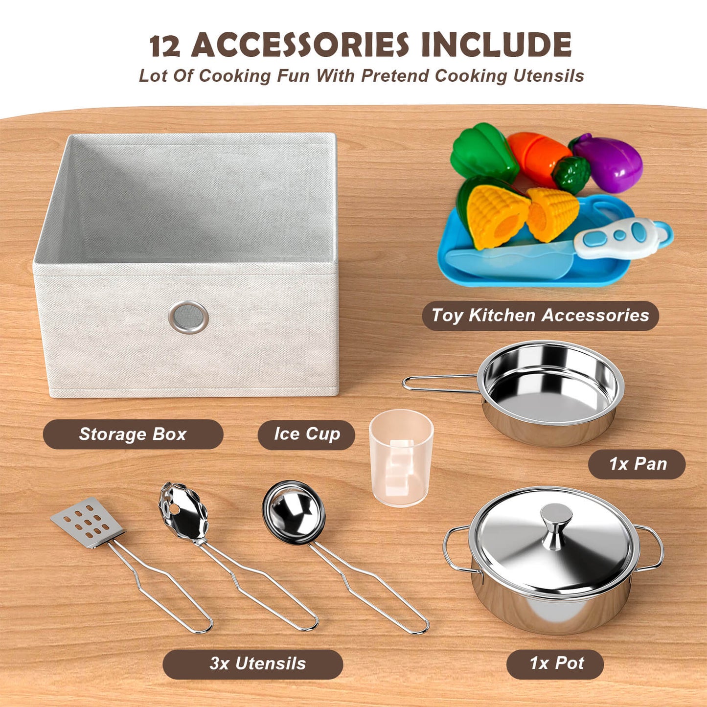Kids Play Kitchen Set, Pretend Wooden Kid Kitchen Playset Toy Kitchen w/Sound and Light, Oven, Ice Maker, Blackboard & Toy Storage Box, Toddler Kitchen Accessories for Kids Ages 3+
