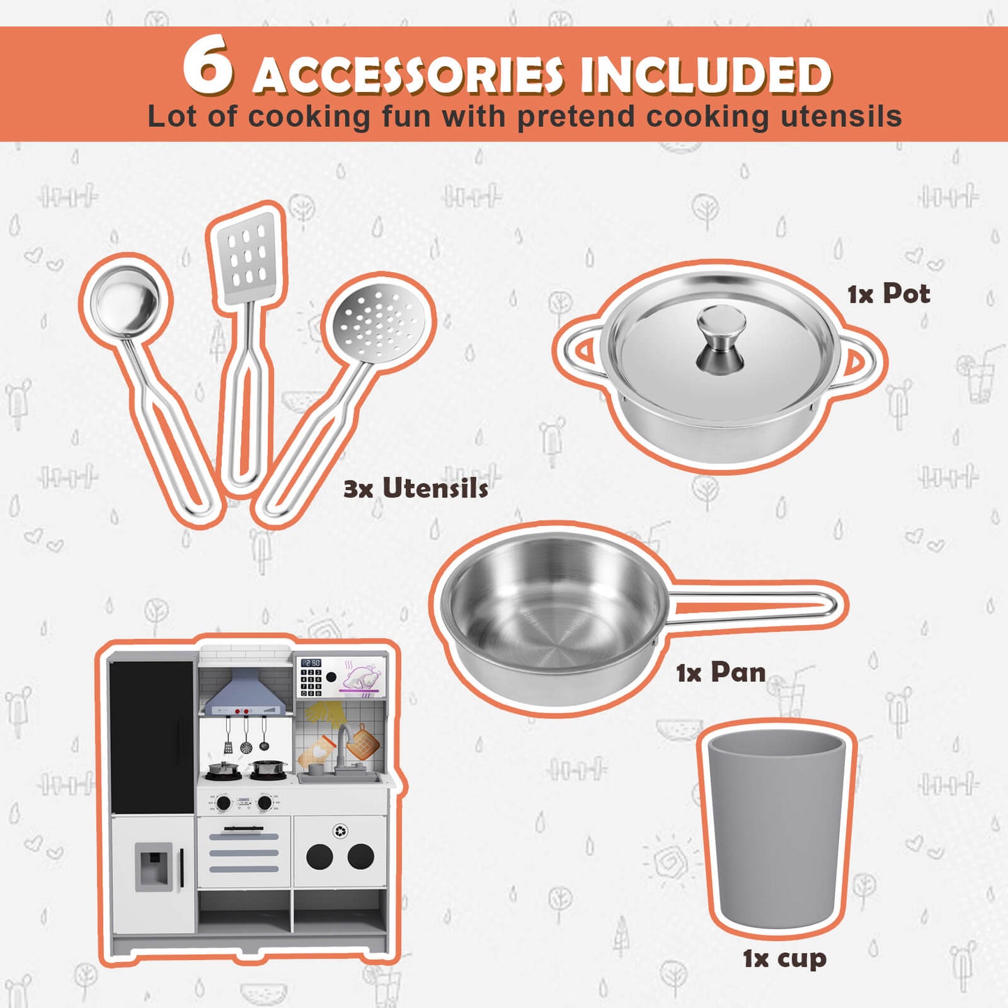 Kids Play Kitchen Set, Pretend Wooden Kid Kitchen Playset Toy Kitchen w/Sound and Light, Oven, Ice Maker, Blackboard & Recycling Bin, Toddler Kitchen for Kids Ages 3+