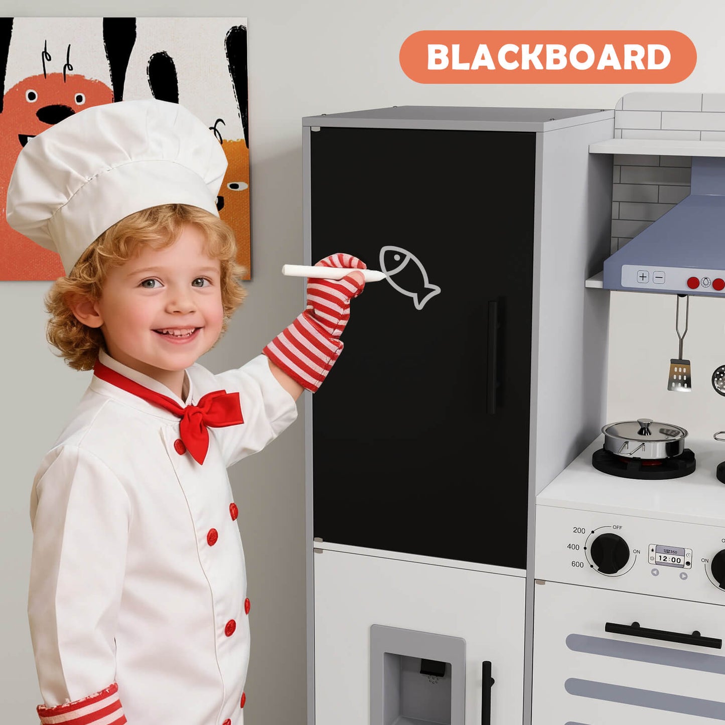 Kids Play Kitchen Set, Pretend Wooden Kid Kitchen Playset Toy Kitchen w/Sound and Light, Oven, Ice Maker, Blackboard & Recycling Bin, Toddler Kitchen for Kids Ages 3+