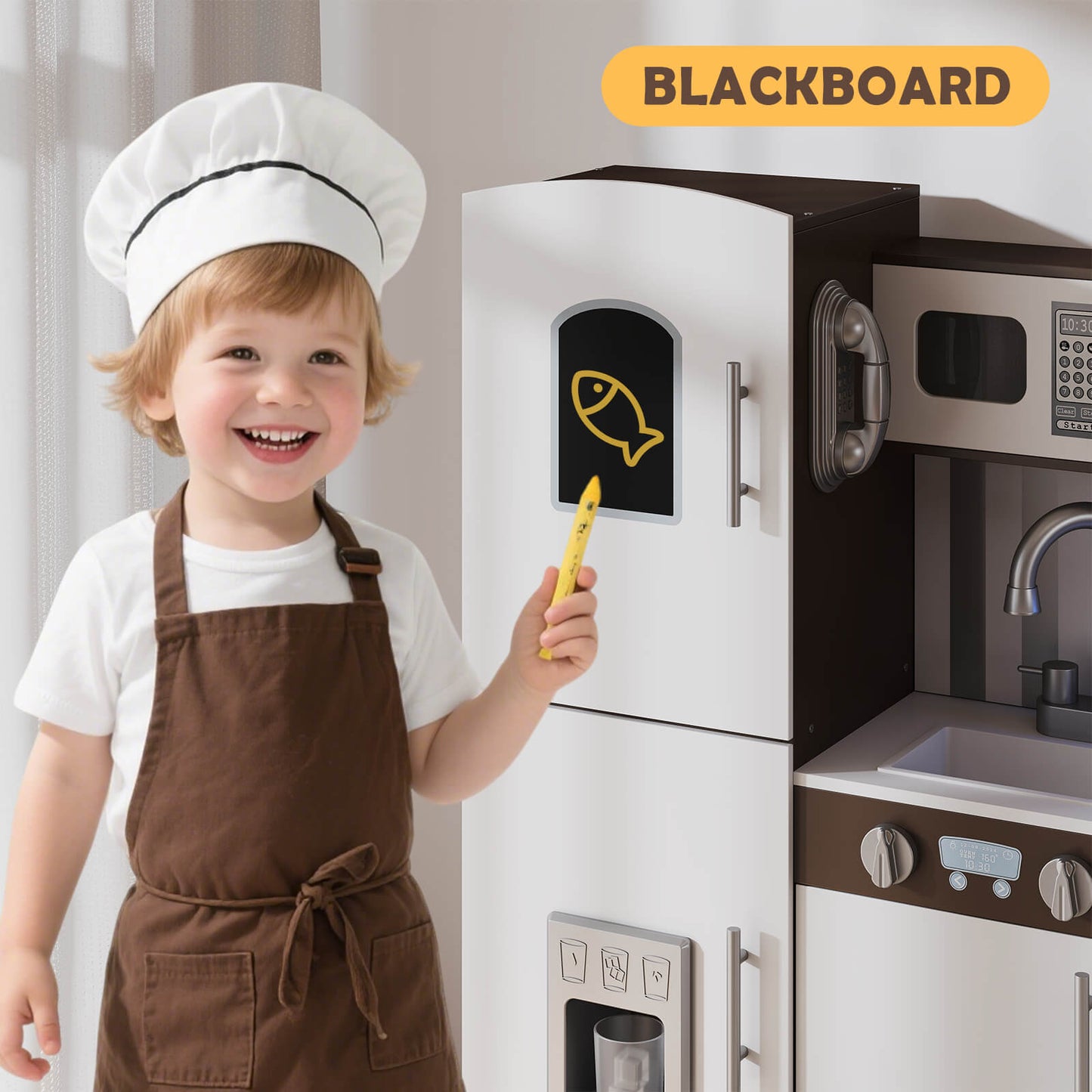 Kids Play Kitchen Set, Pretend Wooden Kid Kitchen Playset Toy Kitchen w/Sound and Light, Oven, Ice Maker, Blackboard & Toy Storage Box, Toddler Kitchen Accessories for Kids Ages 3+