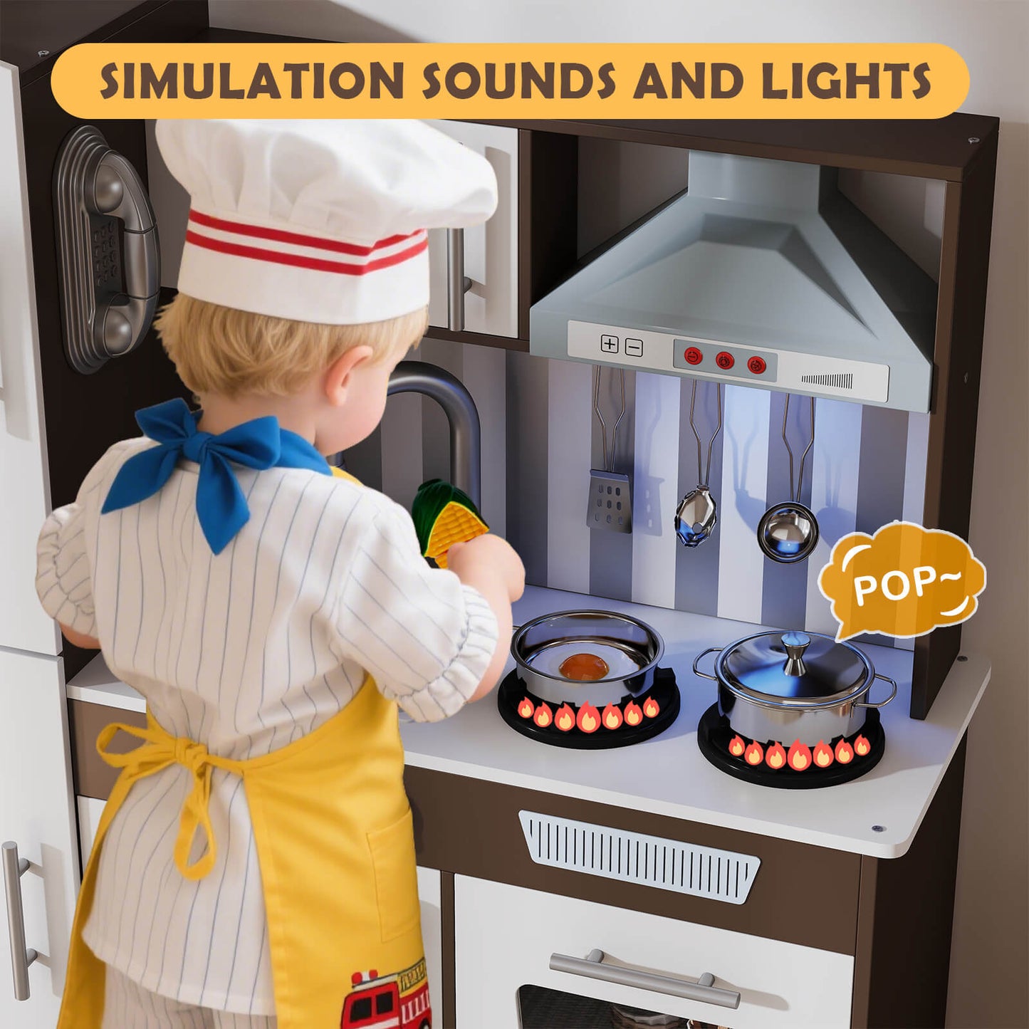 Kids Play Kitchen Set, Pretend Wooden Kid Kitchen Playset Toy Kitchen w/Sound and Light, Oven, Ice Maker, Blackboard & Toy Storage Box, Toddler Kitchen Accessories for Kids Ages 3+