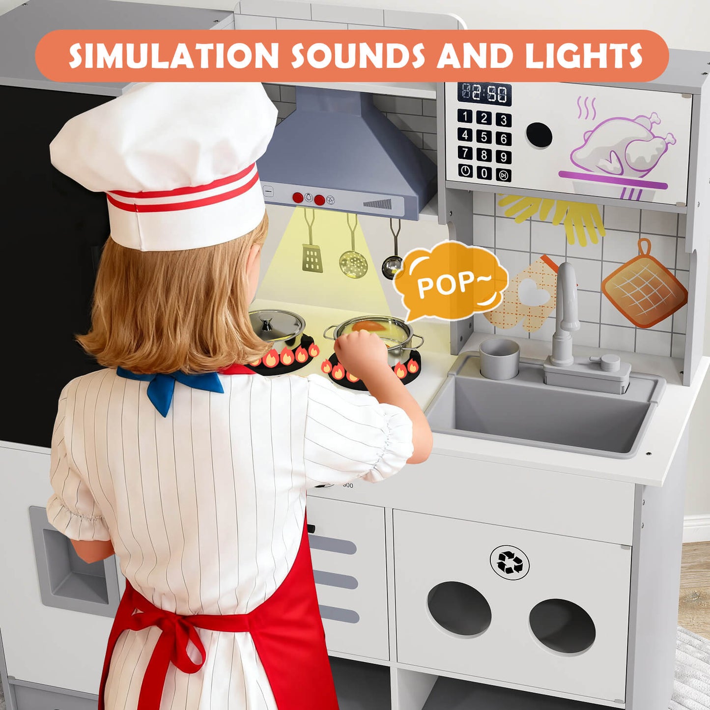 Kids Play Kitchen Set, Pretend Wooden Kid Kitchen Playset Toy Kitchen w/Sound and Light, Oven, Ice Maker, Blackboard & Recycling Bin, Toddler Kitchen for Kids Ages 3+