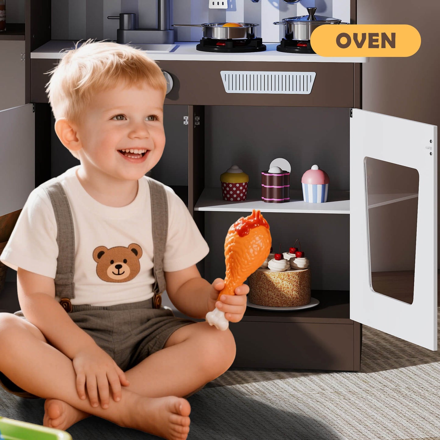 Kids Play Kitchen Set, Pretend Wooden Kid Kitchen Playset Toy Kitchen w/Sound and Light, Oven, Ice Maker, Blackboard & Toy Storage Box, Toddler Kitchen Accessories for Kids Ages 3+