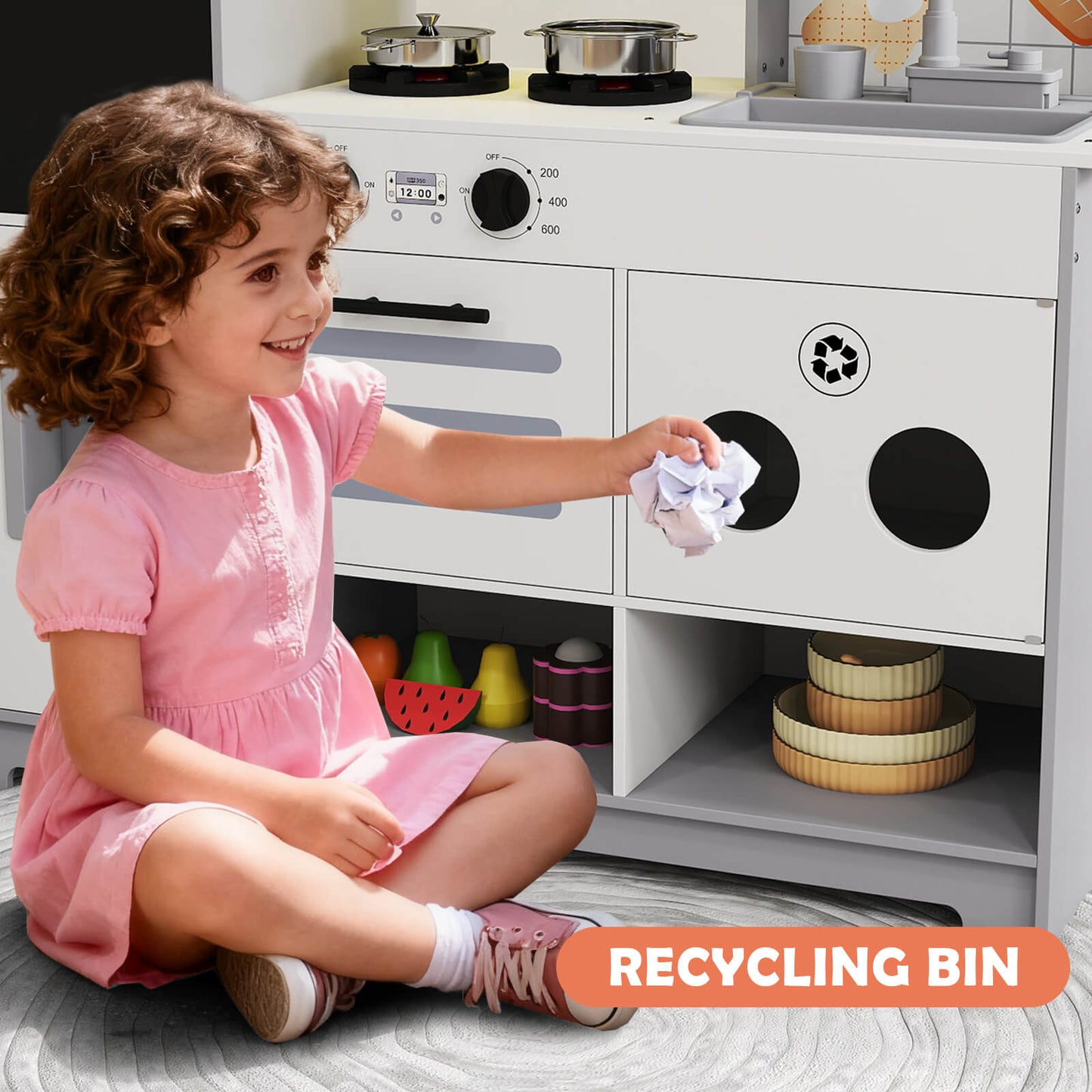 Kids Play Kitchen Set, Pretend Wooden Kid Kitchen Playset Toy Kitchen w/Sound and Light, Oven, Ice Maker, Blackboard & Recycling Bin, Toddler Kitchen for Kids Ages 3+