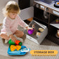 Kids Play Kitchen Set, Pretend Wooden Kid Kitchen Playset Toy Kitchen w/Sound and Light, Oven, Ice Maker, Blackboard & Toy Storage Box, Toddler Kitchen Accessories for Kids Ages 3+