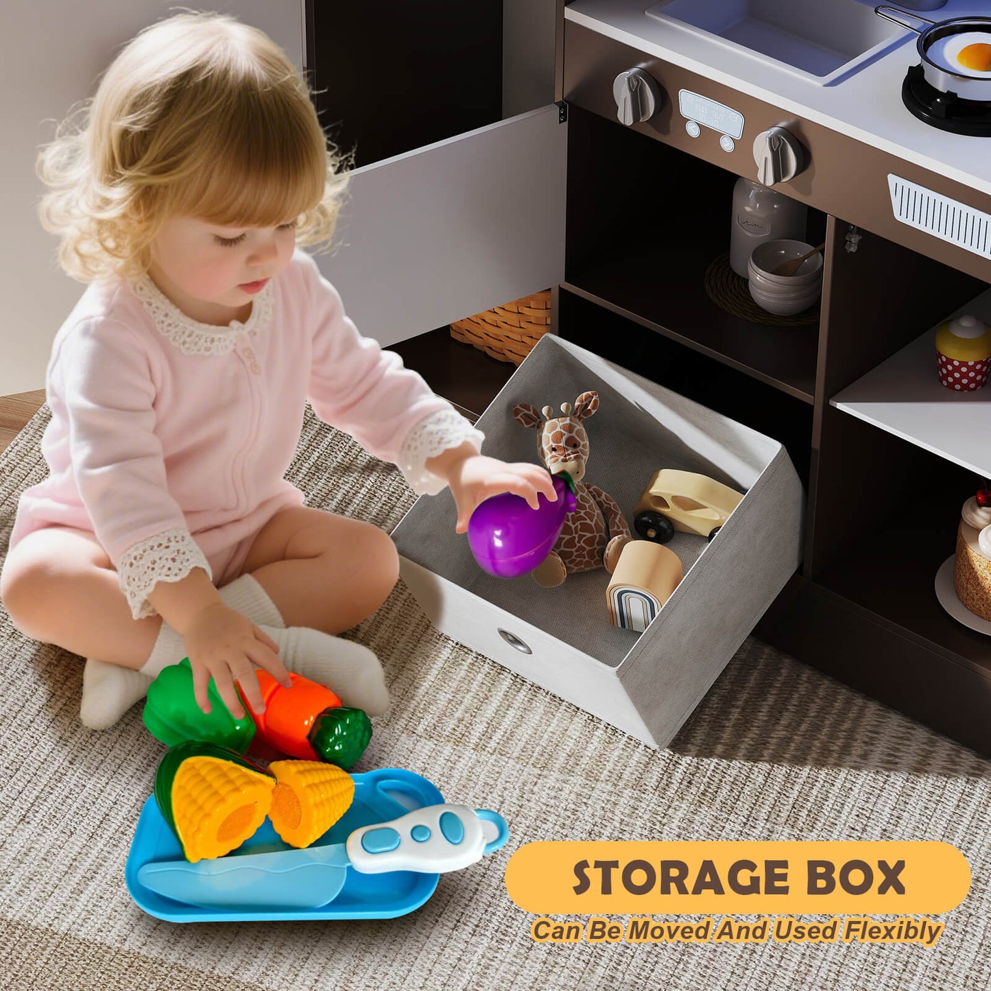Kids Play Kitchen Set, Pretend Wooden Kid Kitchen Playset Toy Kitchen w/Sound and Light, Oven, Ice Maker, Blackboard & Toy Storage Box, Toddler Kitchen Accessories for Kids Ages 3+