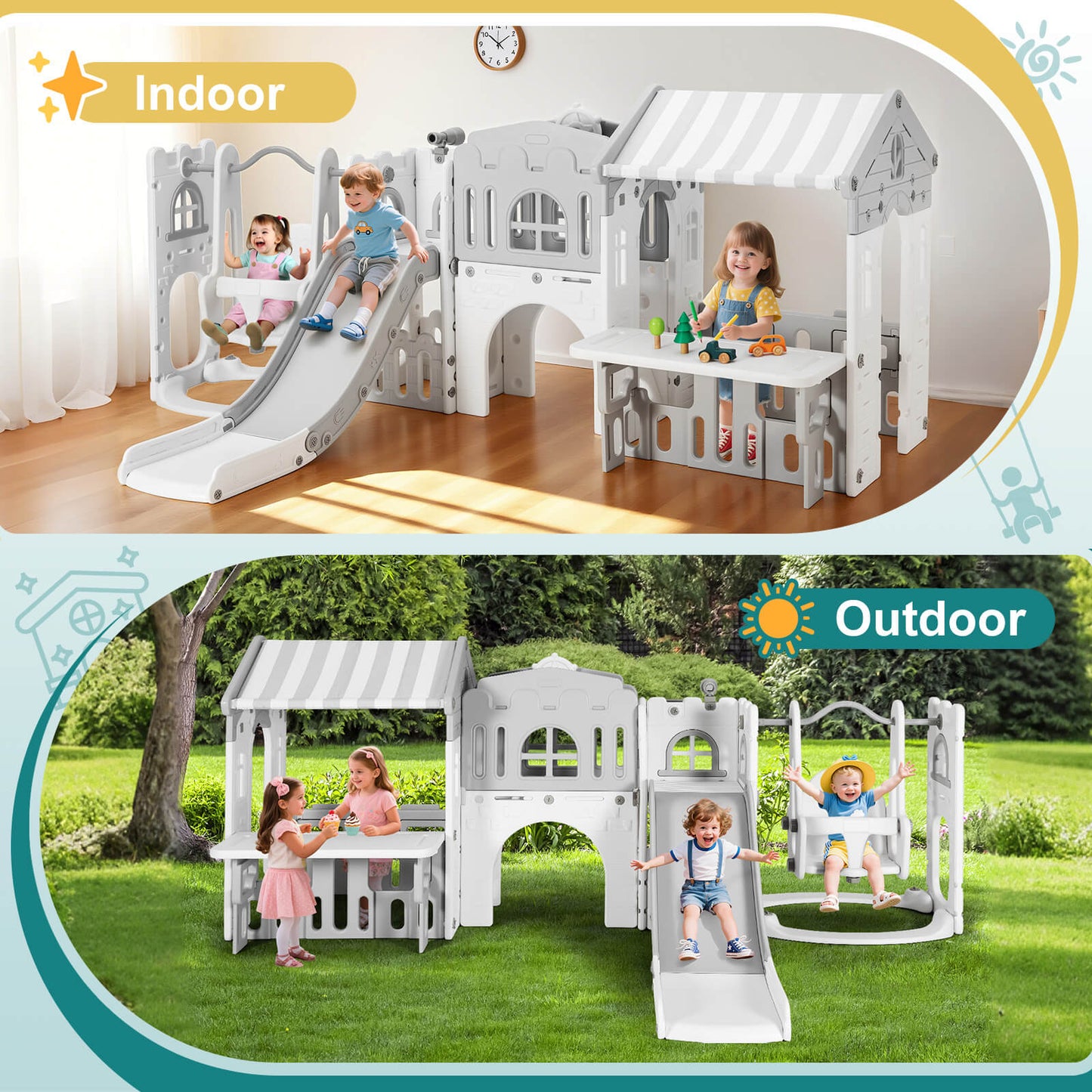 10 in 1 Toddler Slide, Freestanding Kid Climber Slide Playset, Toddler Playhouse, Backyard Playground Toy for Age 1-3+