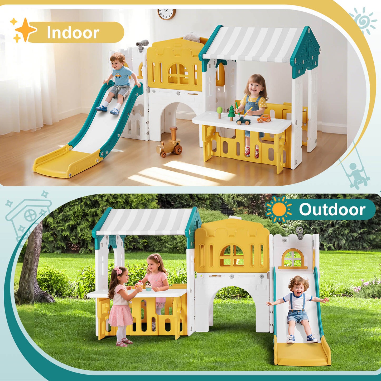 9 in 1 Toddler Slide, Freestanding Kid Climber Slide Playset, Toddler Playhouse, Indoor Outdoor Toy for Toddlers Age 1-3+