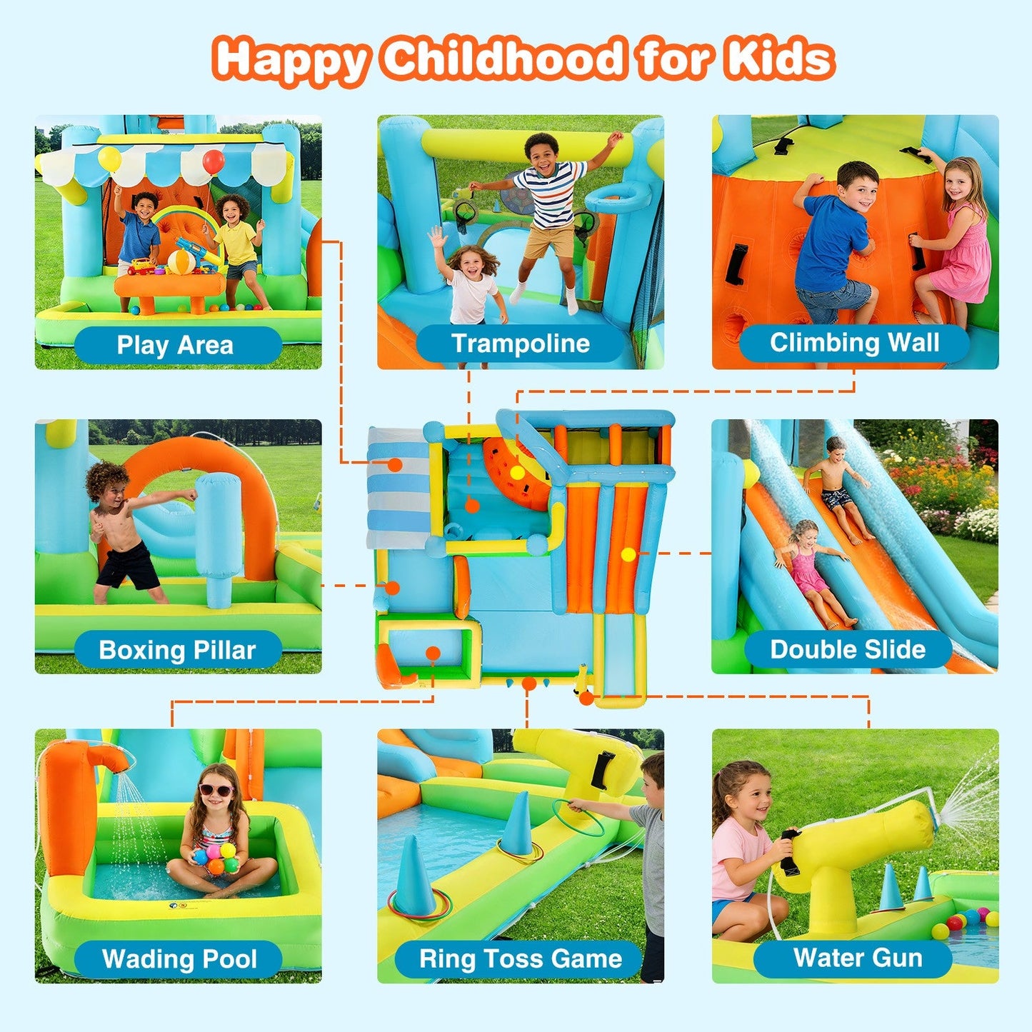 Inflatable Water Slide Bounce House for Kids, Luxury Heavy Duty Blow Up Water Park with Double Slides, Climbing Wall, Splash Pool and Sunshade Awning