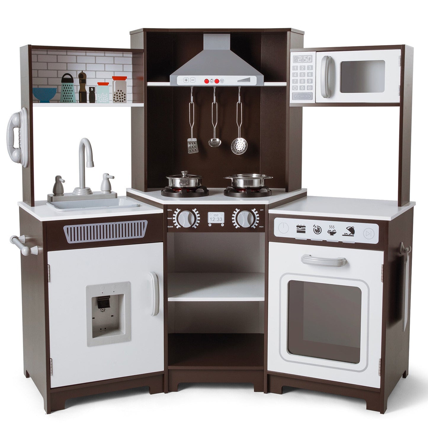 Kids Play Kitchen,Corner Wooden Pretend Toddler Kitchen Toys Playset with Realistic Lights & Sounds,Microwave Oven,Water Dispenser, Phone, Sink,Cooking Accessories, for Ages 3+