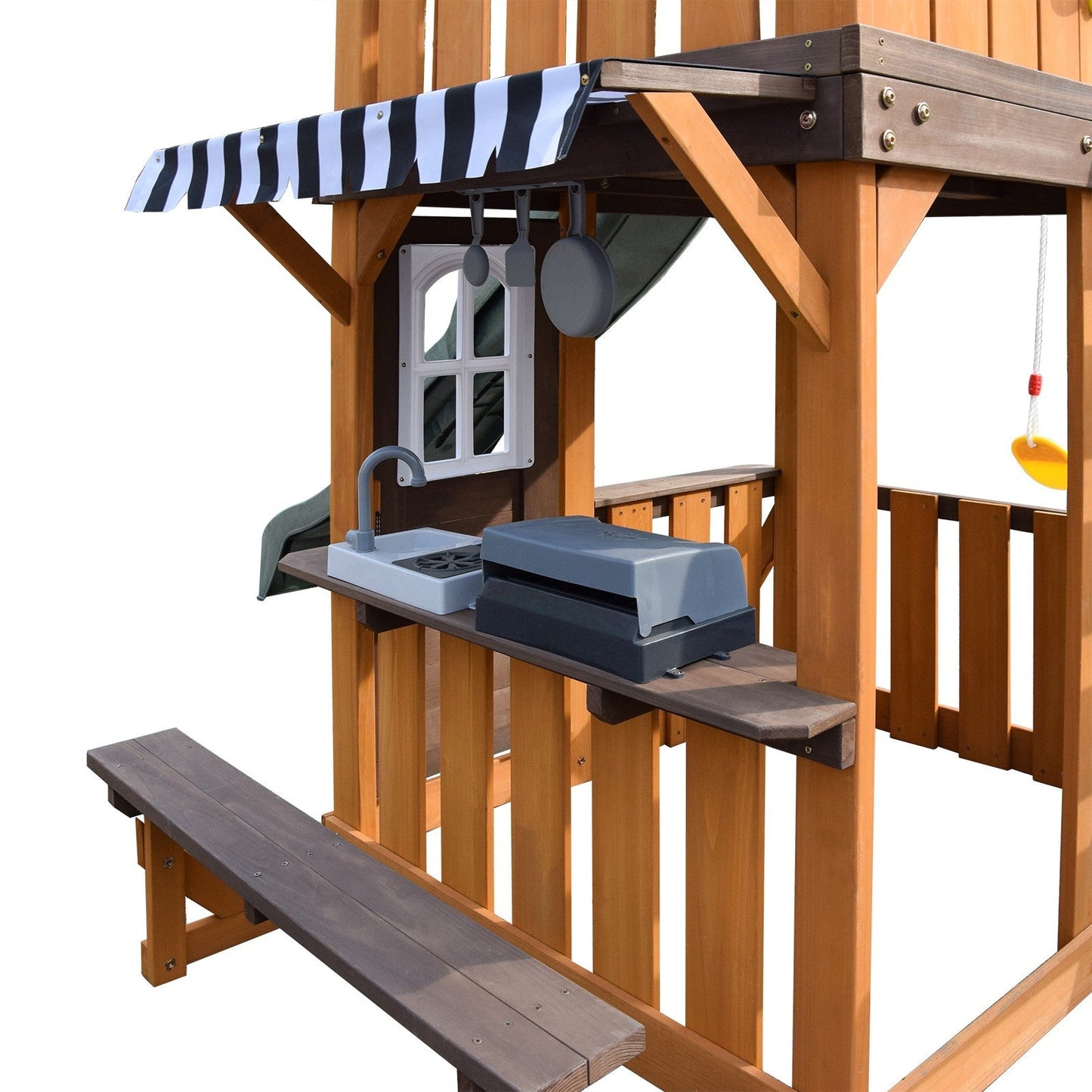 Cedar Wood Swing Set with Wave Slide, Play Kitchen, Rock Wall Ladder, Belt Swings, Toy Telescope, Steering Wheel, Tic-Tac-Toe, Balconies, Outdoor Playhouse Playground Set for Backyard Garden