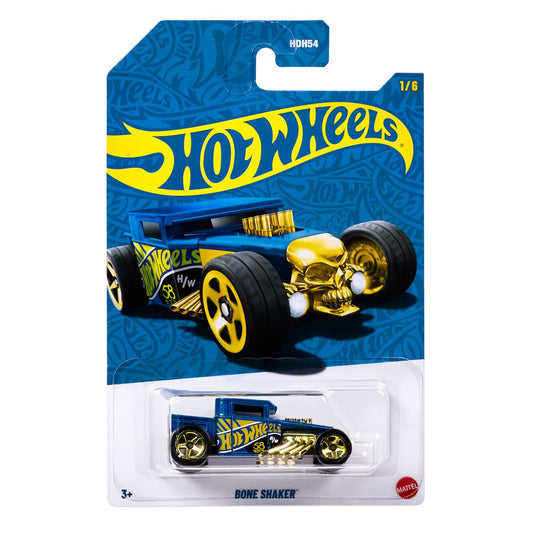 Hot Wheels 58th Anniversary Pearl & Chrome 2026 Blue-Gold Bone Shaker Diecast Car