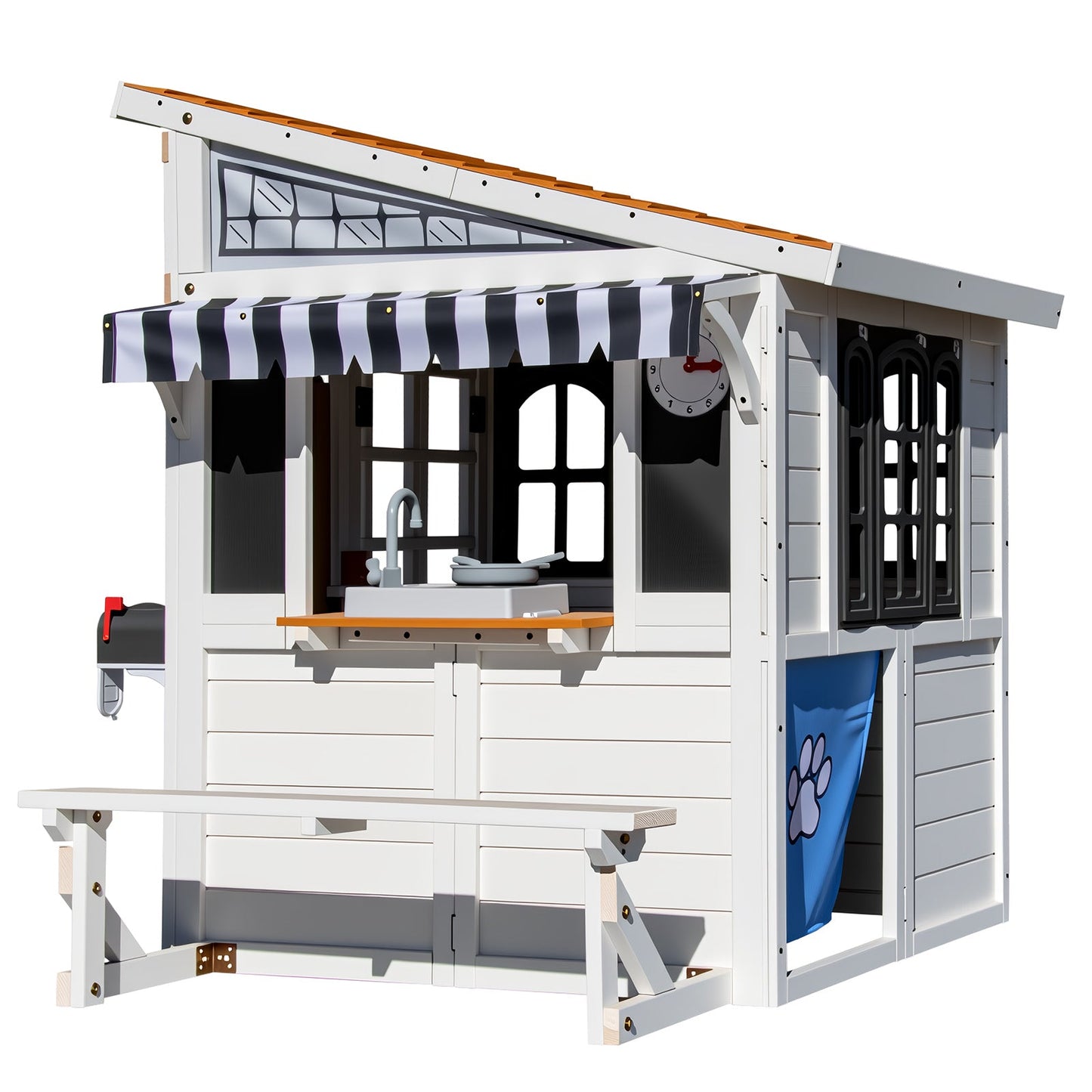 Kids Outdoor Playhouse, Large Cedar Wooden Playhouse with Play Kitchen, Tic-Tac-Toe, Chalkboard, Doorbell, Dutch Door & Pet Door for Backyard & Garden Play