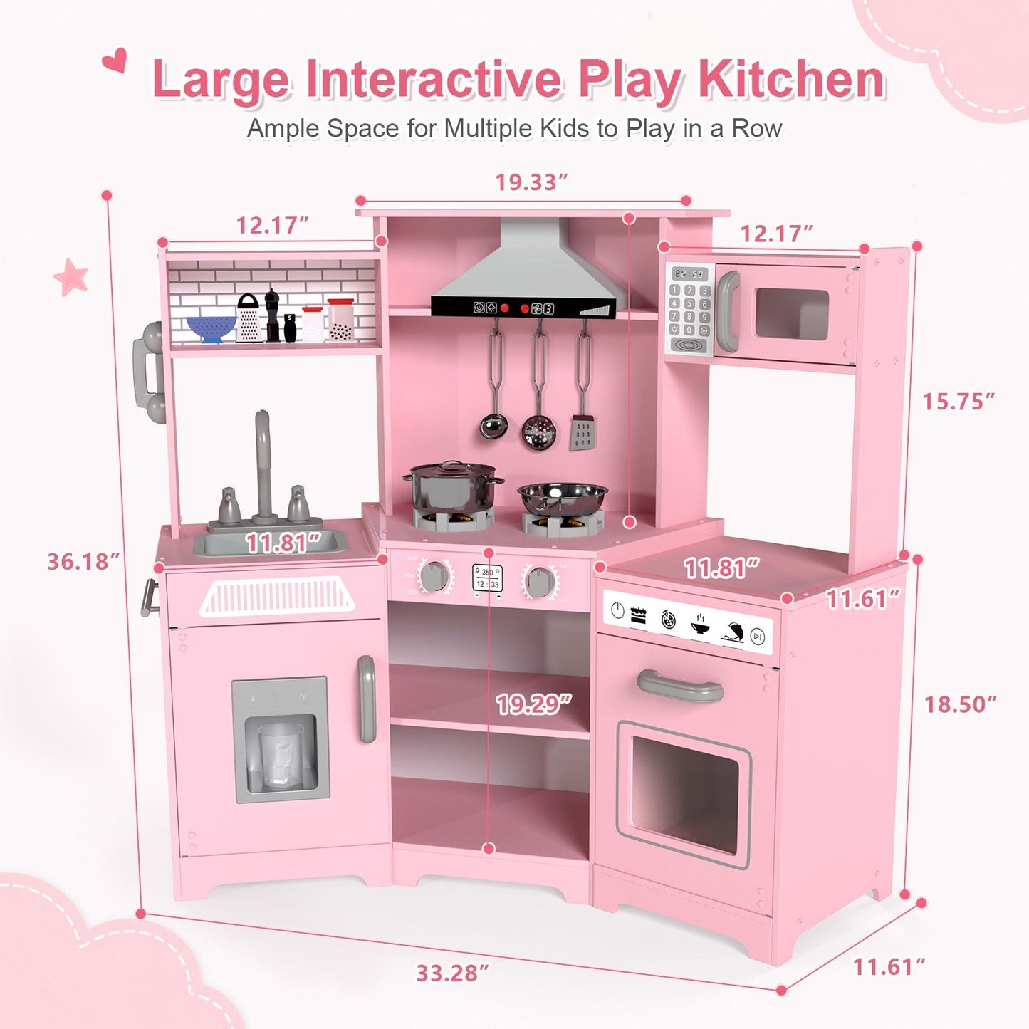 Kids Play Kitchen,Corner Wooden Pretend Toddler Kitchen Toys Playset with Realistic Lights & Sounds,Microwave Oven,Water Dispenser, Phone, Sink,Cooking Accessories, for Ages 3+