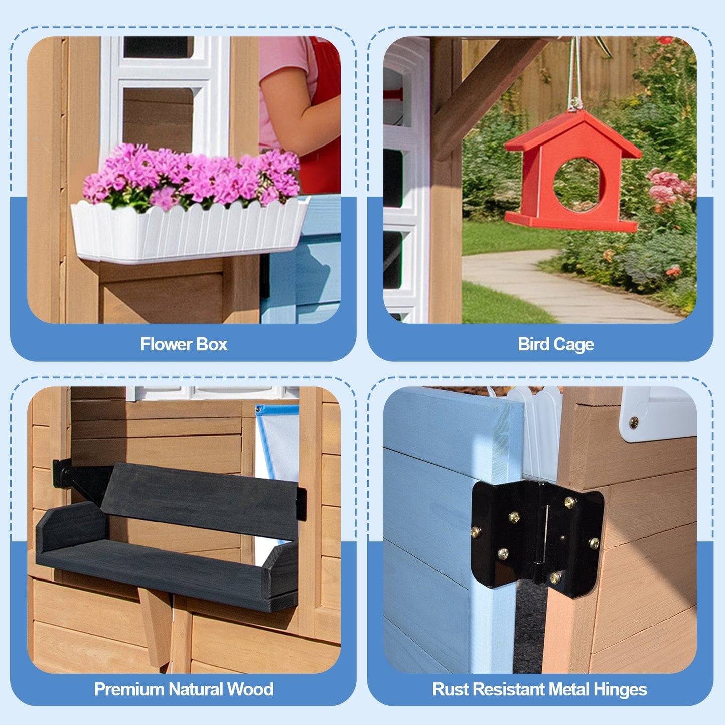 Kids Outdoor Playhouse, Wooden Outside Playhouse, Kids Playhouse for Backyard Garden with Play Kitchen, Chalkboard, Windows, Flower Pot, Birdcage, Bench & Pet Door