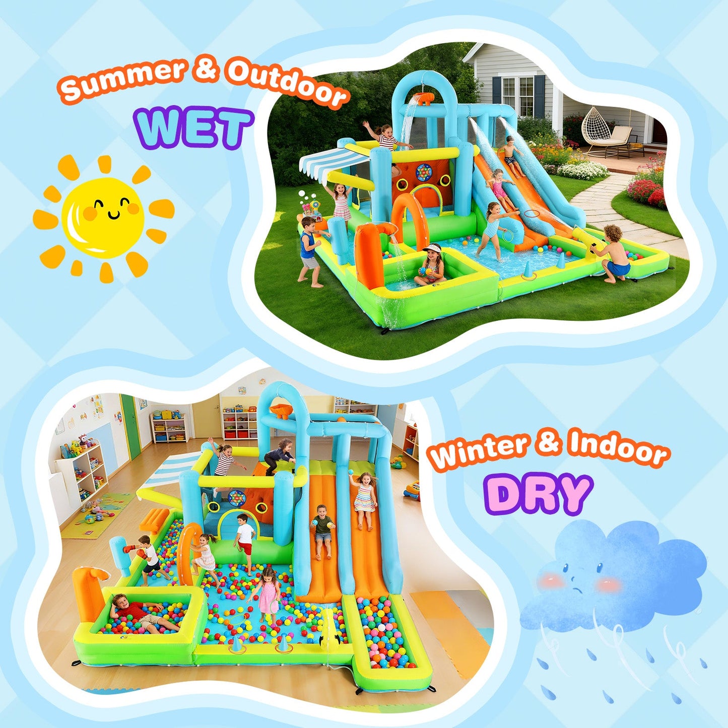 Inflatable Water Slide Bounce House for Kids, Luxury Heavy Duty Blow Up Water Park with Double Slides, Climbing Wall, Splash Pool and Sunshade Awning