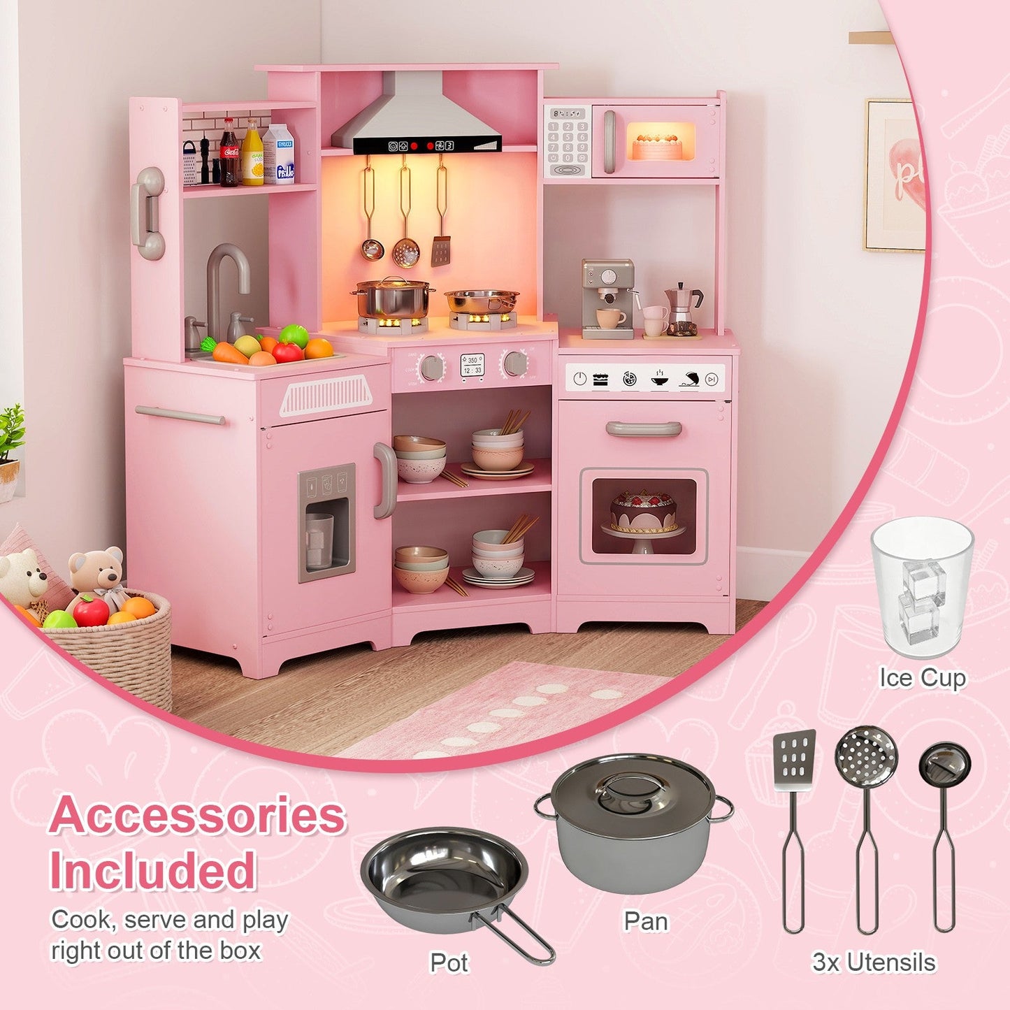 Kids Play Kitchen,Corner Wooden Pretend Toddler Kitchen Toys Playset with Realistic Lights & Sounds,Microwave Oven,Water Dispenser, Phone, Sink,Cooking Accessories, for Ages 3+