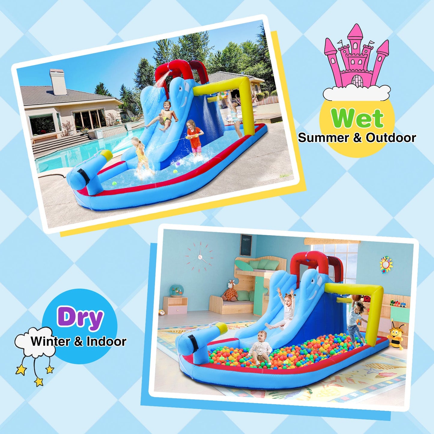 Inflatable Bounce House, Water Slide Bouncer Playhouse Castle w/Splash Pool, Climbing Wall, Basketball Hoop & Carry Bag, 480W Air Blower