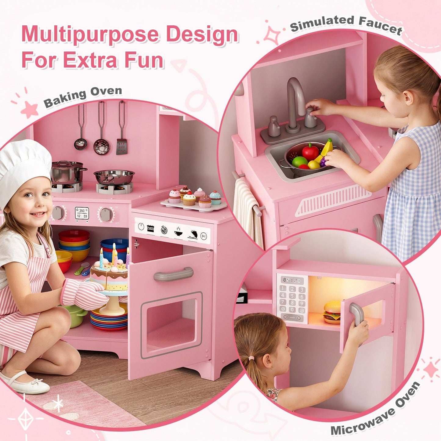 Kids Play Kitchen,Corner Wooden Pretend Toddler Kitchen Toys Playset with Realistic Lights & Sounds,Microwave Oven,Water Dispenser, Phone, Sink,Cooking Accessories, for Ages 3+