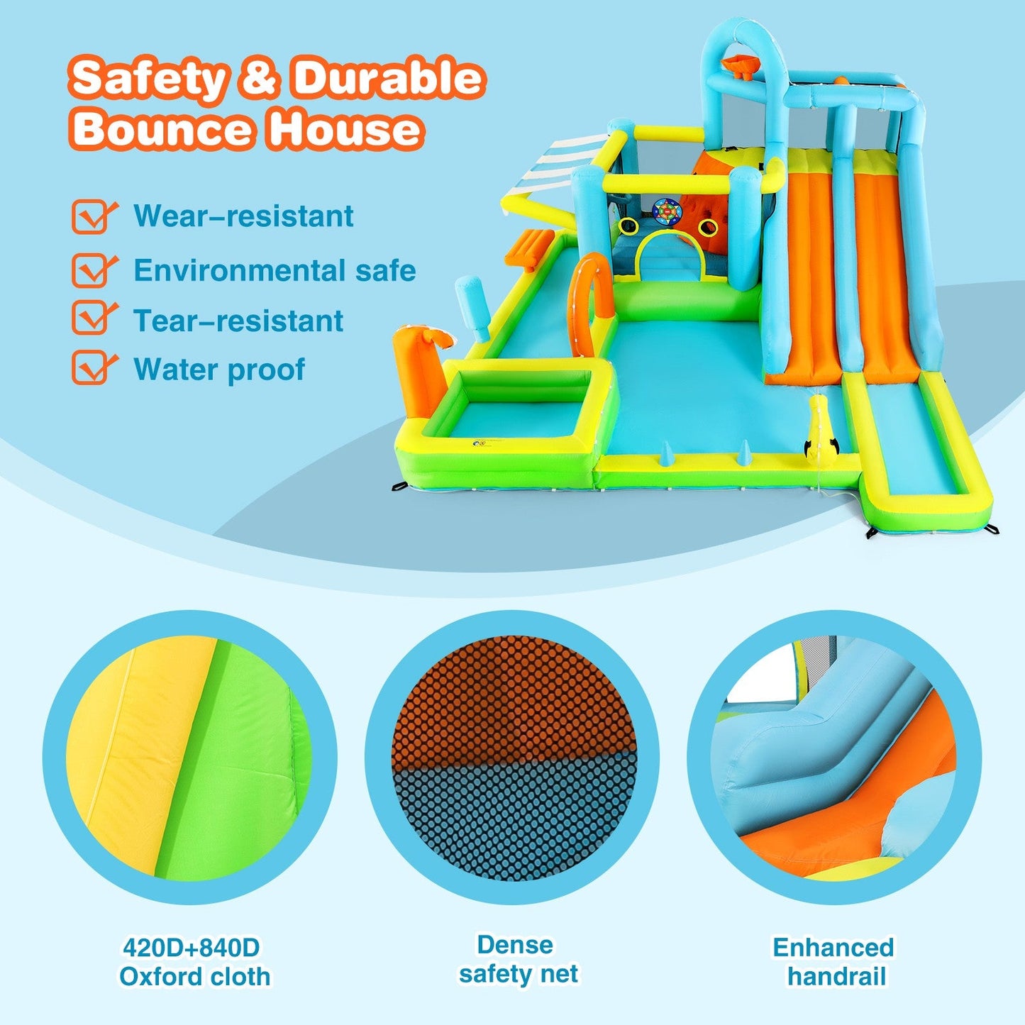 Inflatable Water Slide Bounce House for Kids, Luxury Heavy Duty Blow Up Water Park with Double Slides, Climbing Wall, Splash Pool and Sunshade Awning
