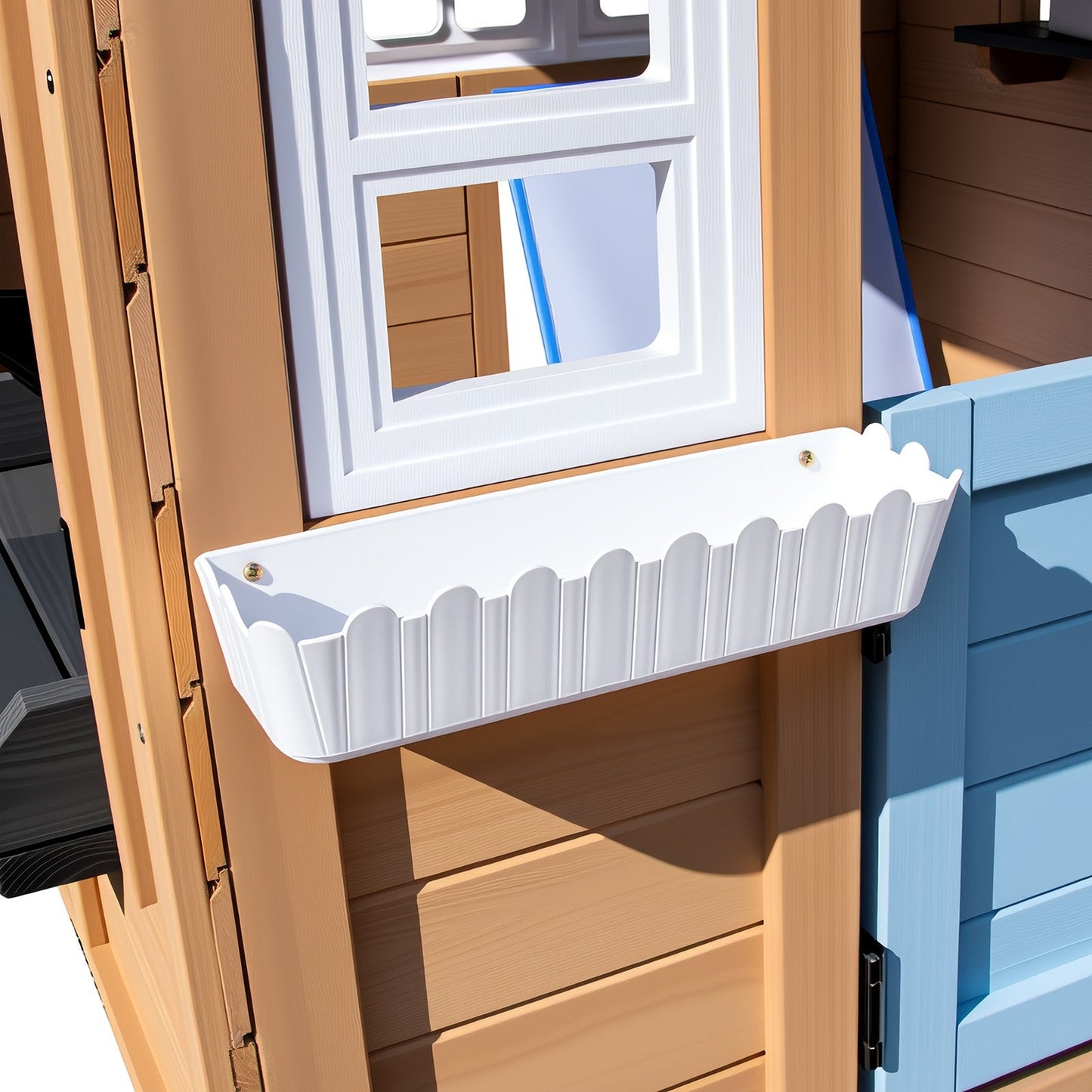 Kids Outdoor Playhouse, Wooden Outside Playhouse, Kids Playhouse for Backyard Garden with Play Kitchen, Chalkboard, Windows, Flower Pot, Birdcage, Bench & Pet Door
