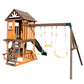 Cedar Wood Swing Set with Wave Slide, Play Kitchen, Rock Wall Ladder, Belt Swings, Toy Telescope, Steering Wheel, Tic-Tac-Toe, Balconies, Outdoor Playhouse Playground Set for Backyard Garden