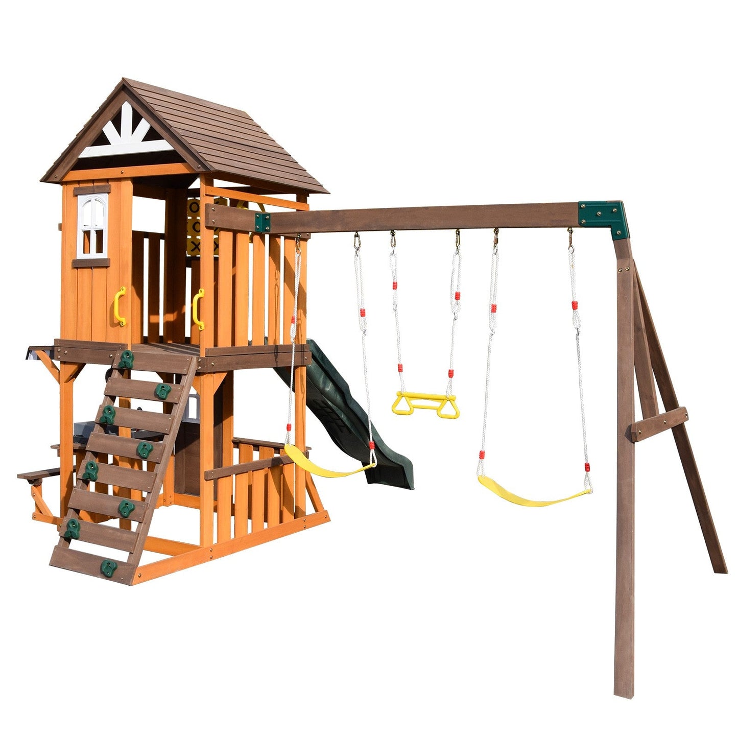 Cedar Wood Swing Set with Wave Slide, Play Kitchen, Rock Wall Ladder, Belt Swings, Toy Telescope, Steering Wheel, Tic-Tac-Toe, Balconies, Outdoor Playhouse Playground Set for Backyard Garden