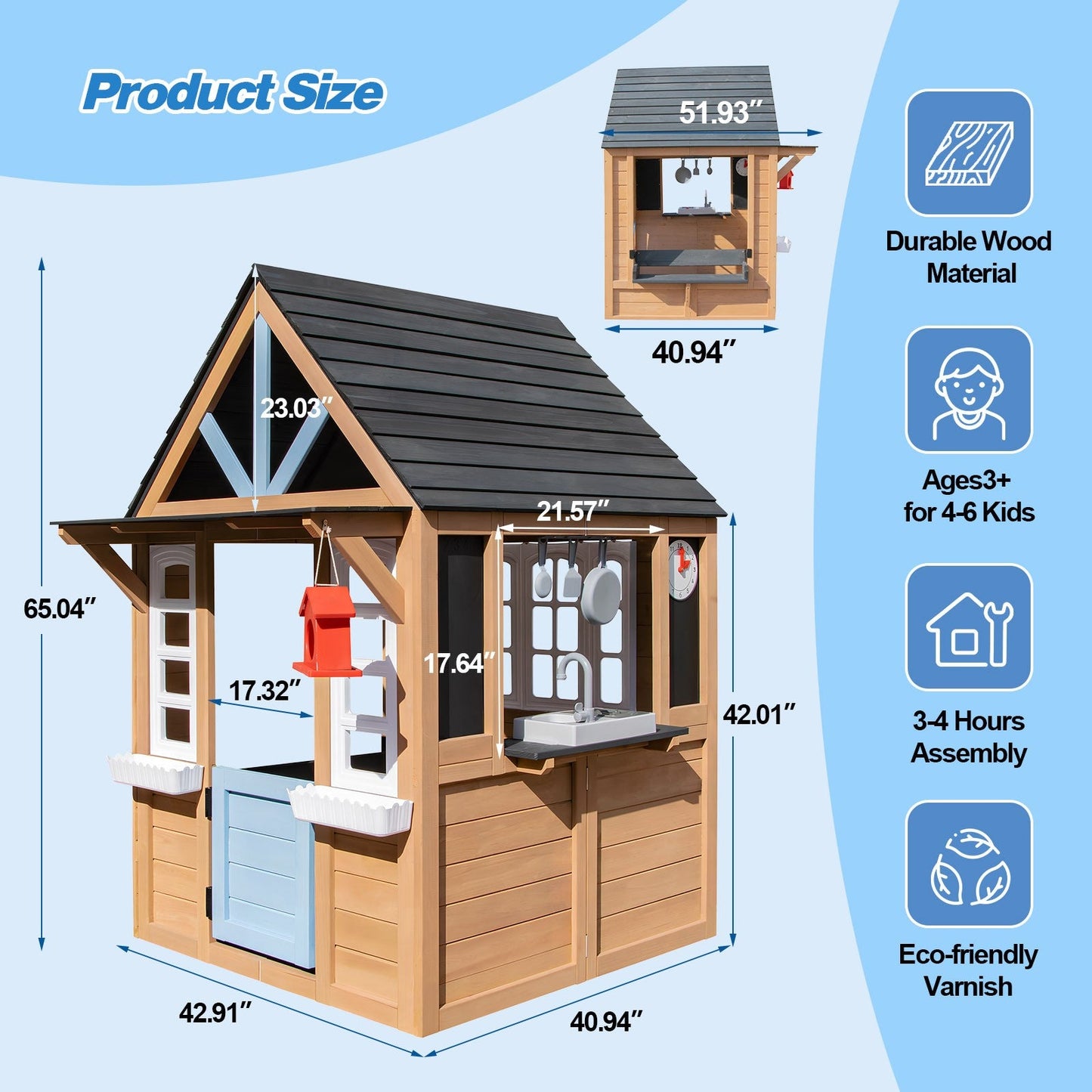 Kids Outdoor Playhouse, Wooden Outside Playhouse, Kids Playhouse for Backyard Garden with Play Kitchen, Chalkboard, Windows, Flower Pot, Birdcage, Bench & Pet Door
