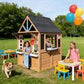 Kids Outdoor Playhouse, Wooden Outside Playhouse, Kids Playhouse for Backyard Garden with Play Kitchen, Chalkboard, Windows, Flower Pot, Birdcage, Bench & Pet Door