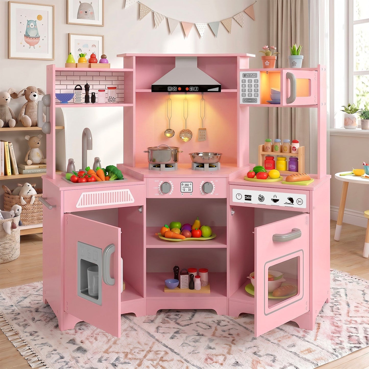 Kids Play Kitchen,Corner Wooden Pretend Toddler Kitchen Toys Playset with Realistic Lights & Sounds,Microwave Oven,Water Dispenser, Phone, Sink,Cooking Accessories, for Ages 3+