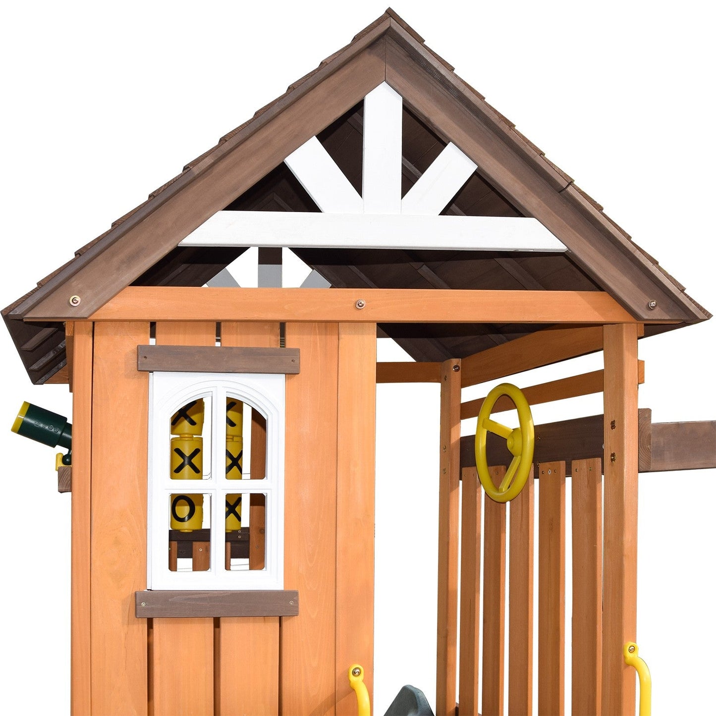 Cedar Wood Swing Set with Wave Slide, Play Kitchen, Rock Wall Ladder, Belt Swings, Toy Telescope, Steering Wheel, Tic-Tac-Toe, Balconies, Outdoor Playhouse Playground Set for Backyard Garden