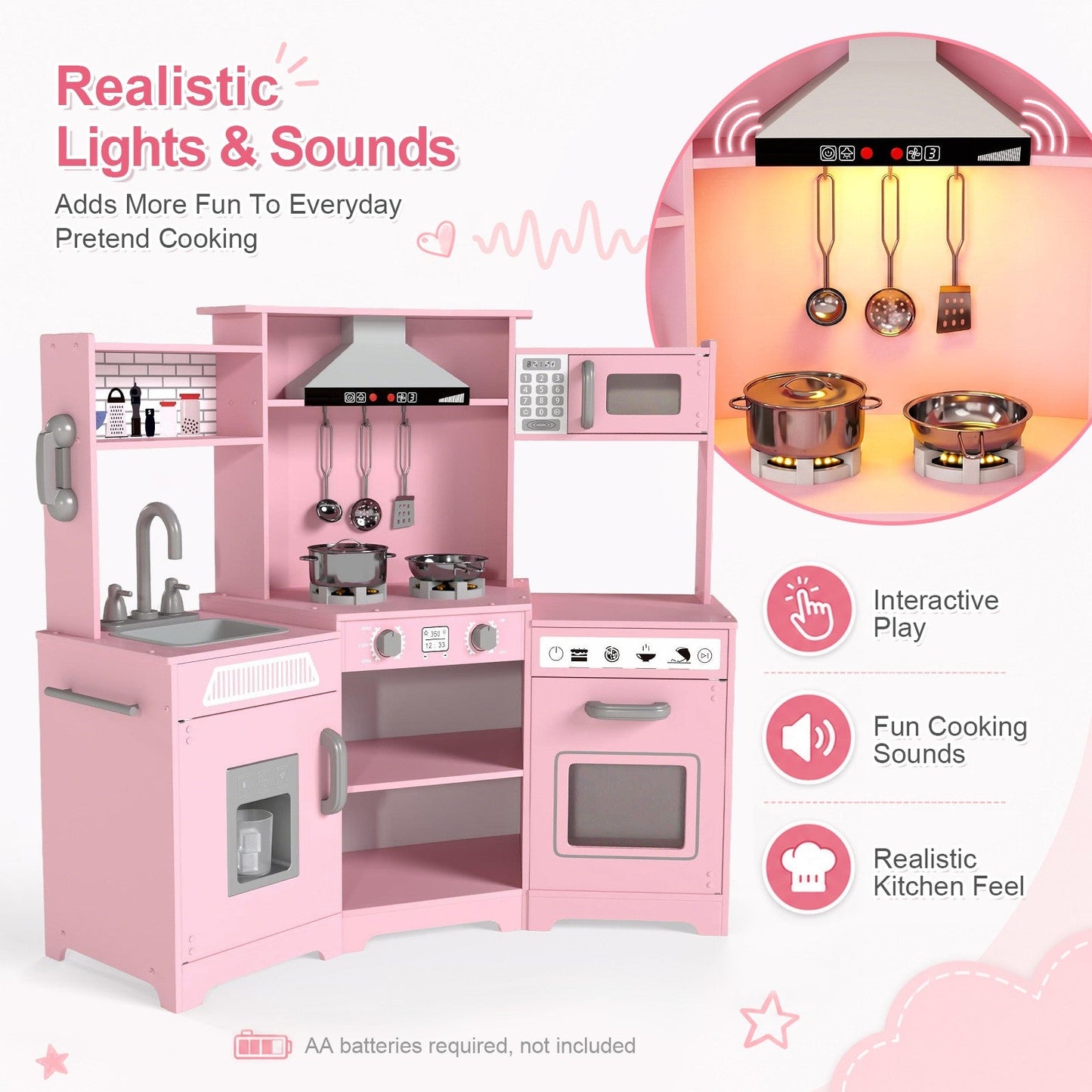 Kids Play Kitchen,Corner Wooden Pretend Toddler Kitchen Toys Playset with Realistic Lights & Sounds,Microwave Oven,Water Dispenser, Phone, Sink,Cooking Accessories, for Ages 3+