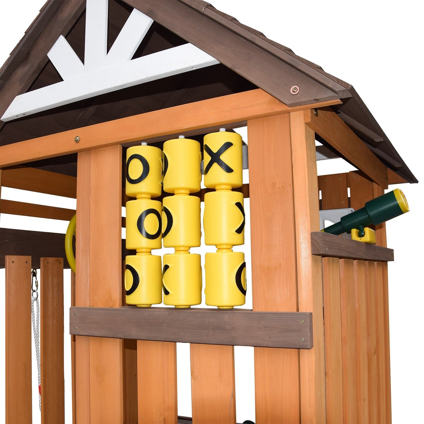 Cedar Wood Swing Set with Wave Slide, Play Kitchen, Rock Wall Ladder, Belt Swings, Toy Telescope, Steering Wheel, Tic-Tac-Toe, Balconies, Outdoor Playhouse Playground Set for Backyard Garden