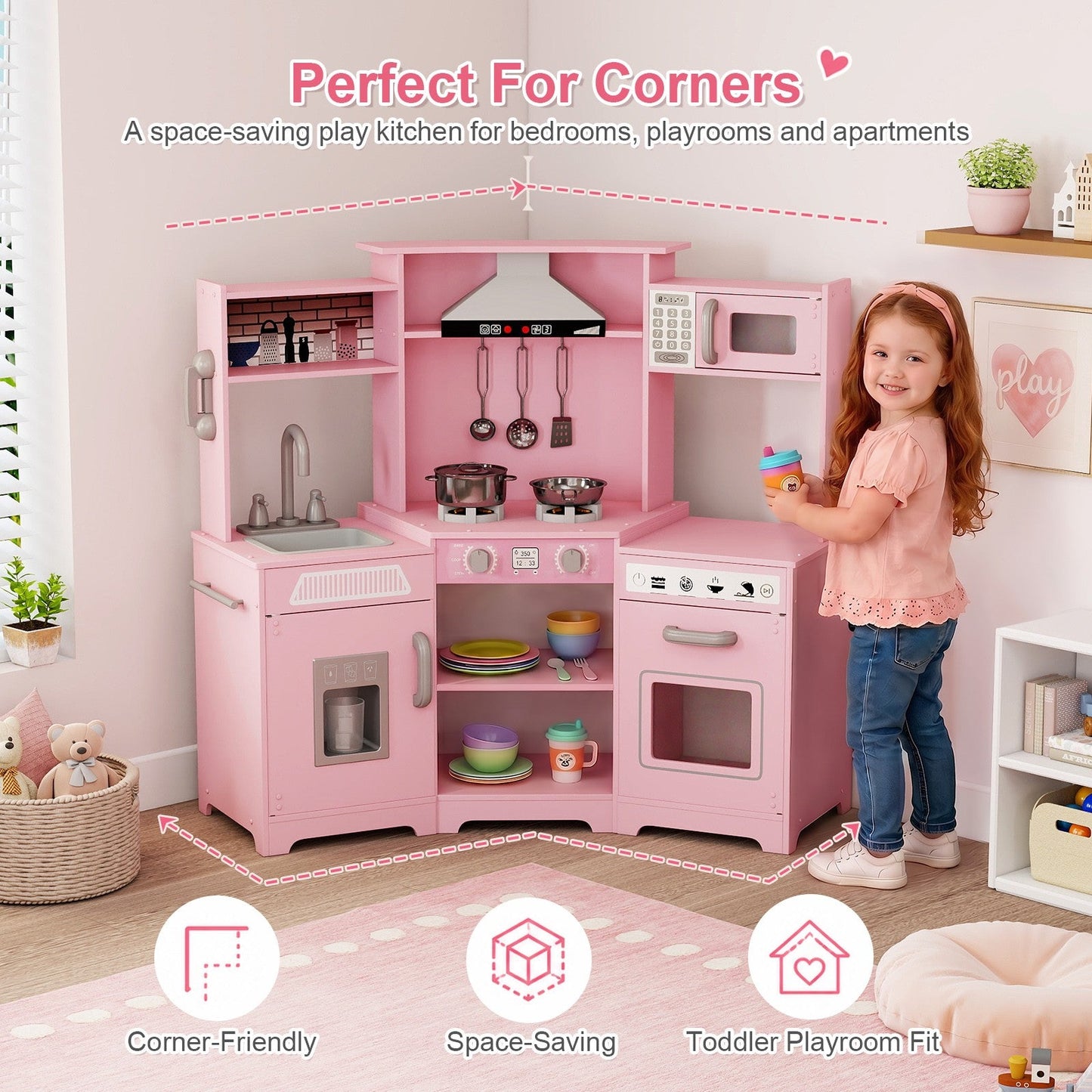 Kids Play Kitchen,Corner Wooden Pretend Toddler Kitchen Toys Playset with Realistic Lights & Sounds,Microwave Oven,Water Dispenser, Phone, Sink,Cooking Accessories, for Ages 3+