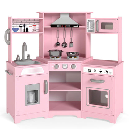 Kids Play Kitchen,Corner Wooden Pretend Toddler Kitchen Toys Playset with Realistic Lights & Sounds,Microwave Oven,Water Dispenser, Phone, Sink,Cooking Accessories, for Ages 3+