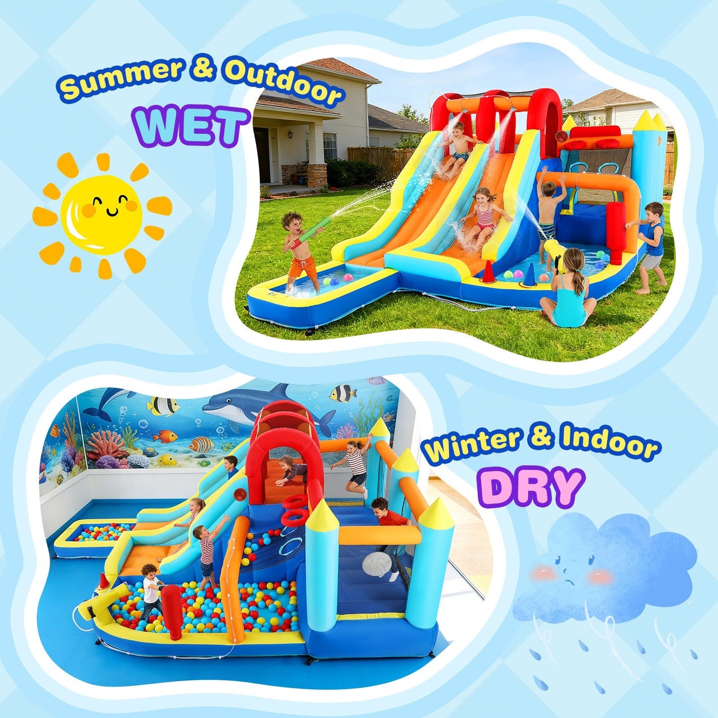 Inflatable Water Slide Park, Giant Bounce House with 450W Blower, Climbing Wall, Dual Basketball Hoops & Ring Toss Games - Outdoor Backyard Jumper