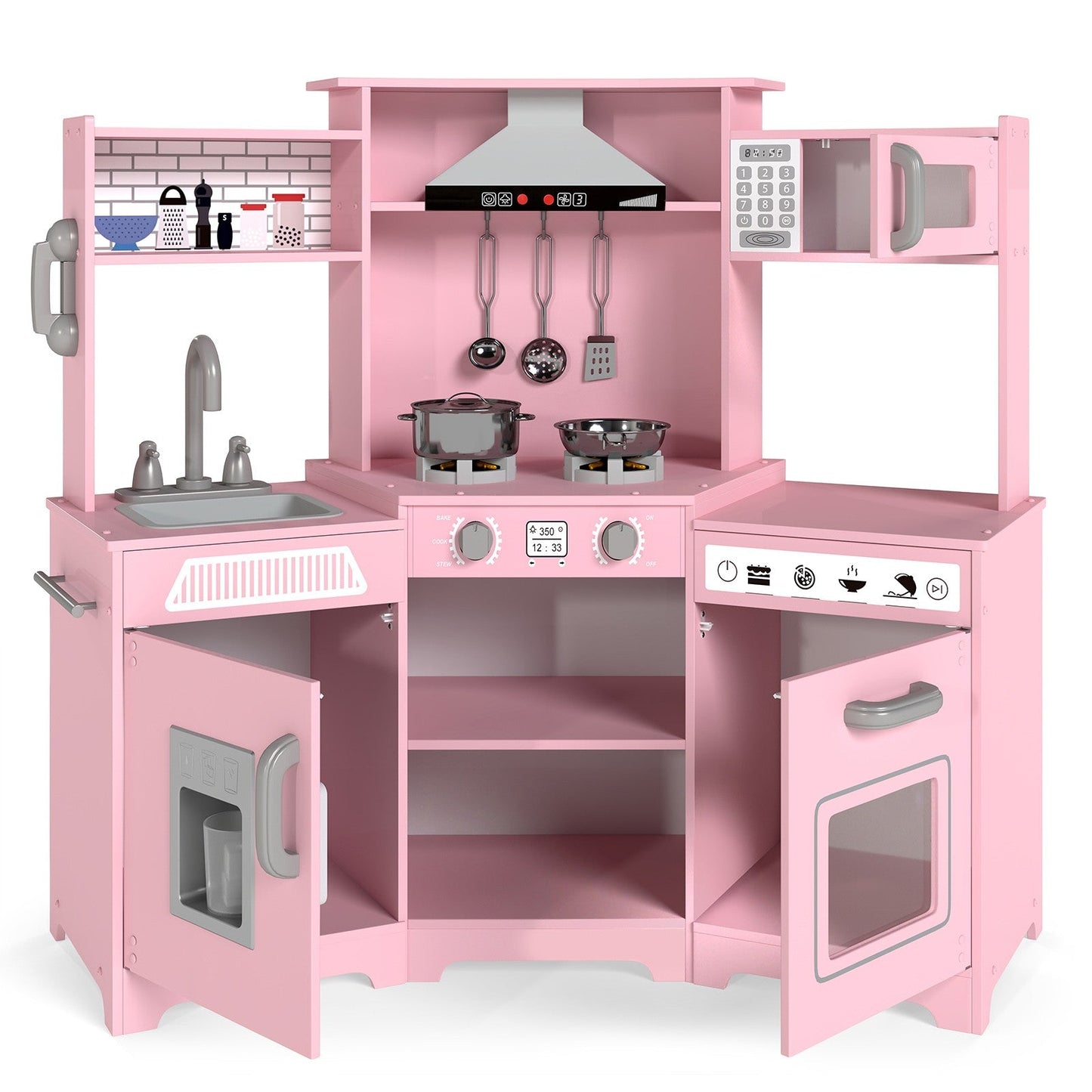 Kids Play Kitchen,Corner Wooden Pretend Toddler Kitchen Toys Playset with Realistic Lights & Sounds,Microwave Oven,Water Dispenser, Phone, Sink,Cooking Accessories, for Ages 3+