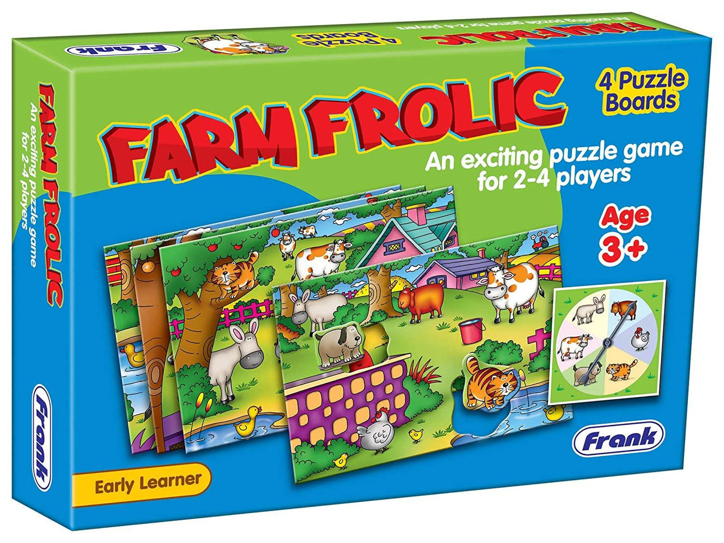 Frank Farm Frolic 4 Puzzle Boards, 24 Animal Pieces, 1 Spinner Board, Early Learner Educational Puzzle Set
