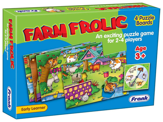Frank Farm Frolic 4 Puzzle Boards, 24 Animal Pieces, 1 Spinner Board, Early Learner Educational Puzzle Set