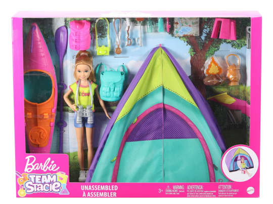 Barbie Team Stacie Doll & Accessories Set with Toy Tent, Kayak & 15+ Pieces Accessories for Kids Ages 3 Years & Above