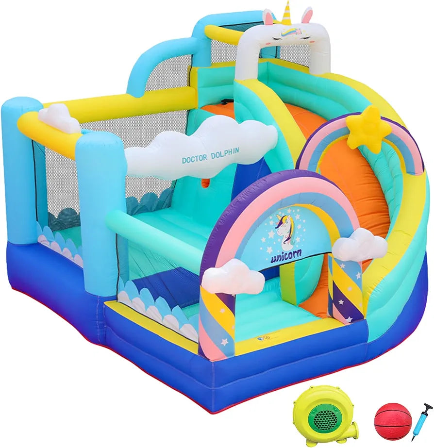 Doctor Dolphin Inflatable Bounce House, Unicorn Bounce House with Slide, Inflatable Bouncy House with Ball Pits, Jump Bouncer for Kids Age 4-8, Bouncing House with Basketball Hoop for Backyard pump is also including Free